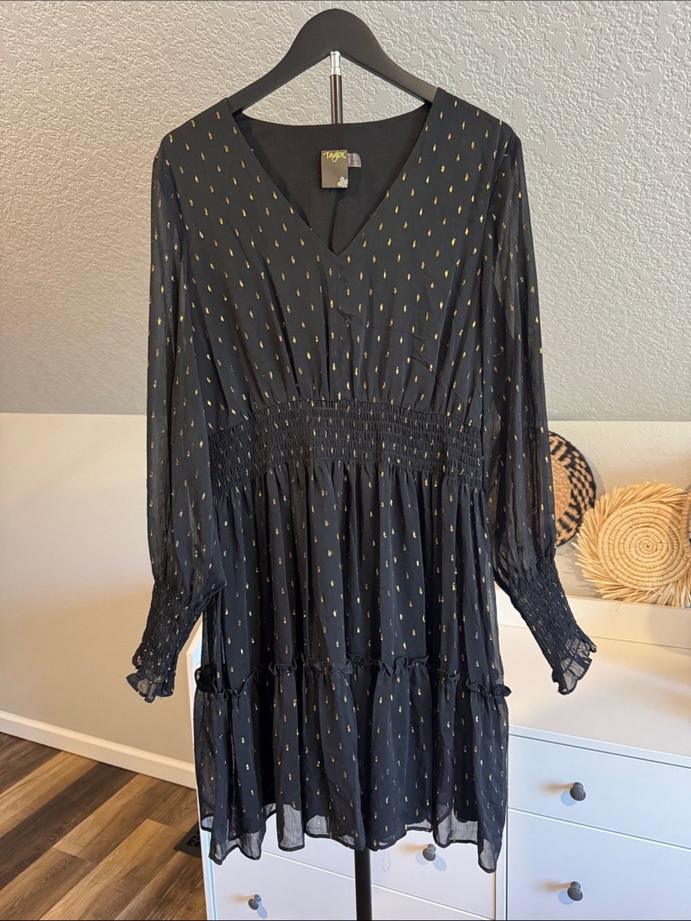 Taylor Black Long-Sleeve Smocked Waist Dress with Gold Dot Print